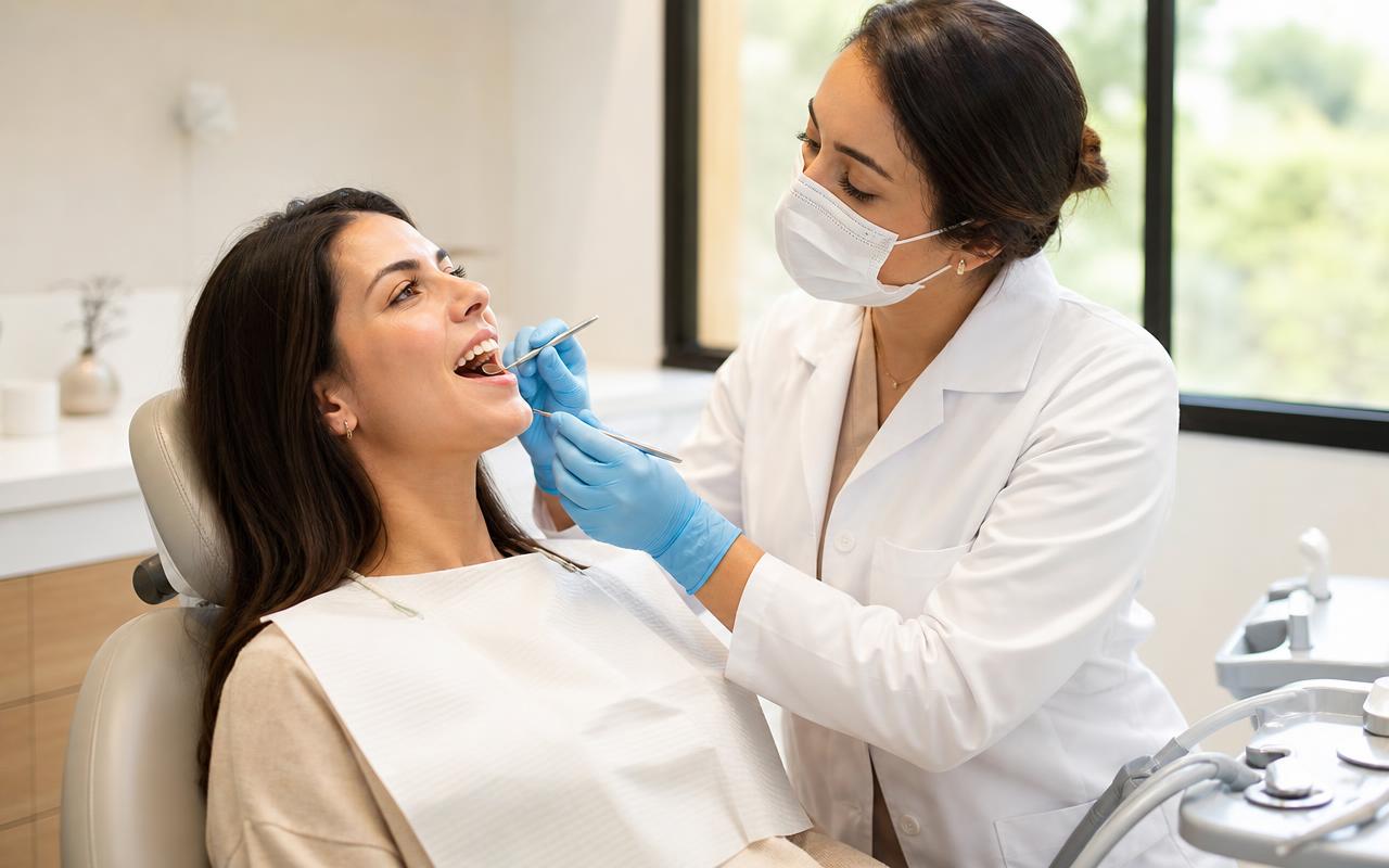 Dentista avaliando paciente para sinais de bruxismo em consultório moderno