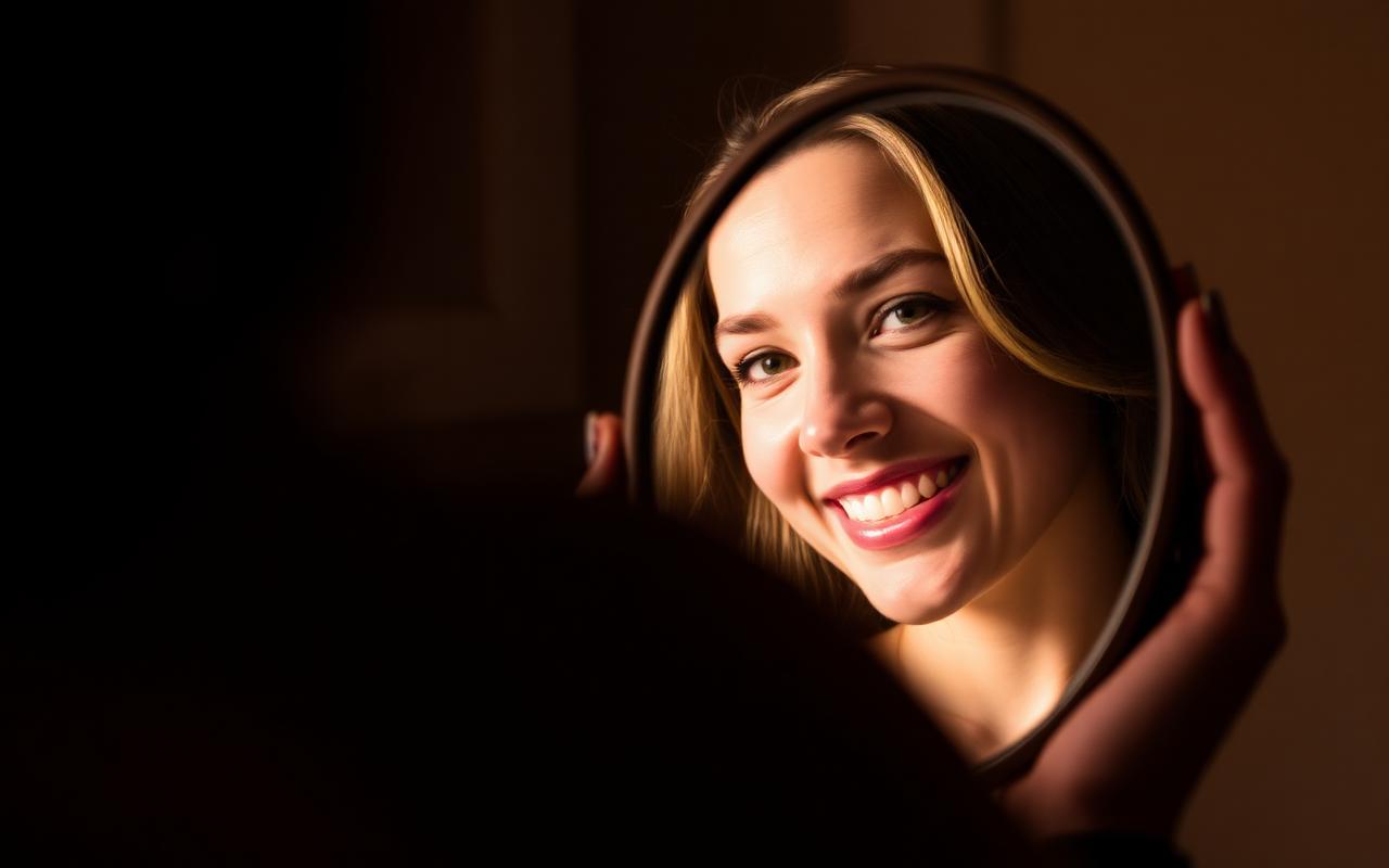 Pessoa observando o próprio sorriso com confiança