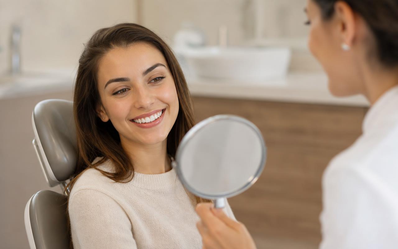 Paciente sorrindo com confiança durante consulta odontológica