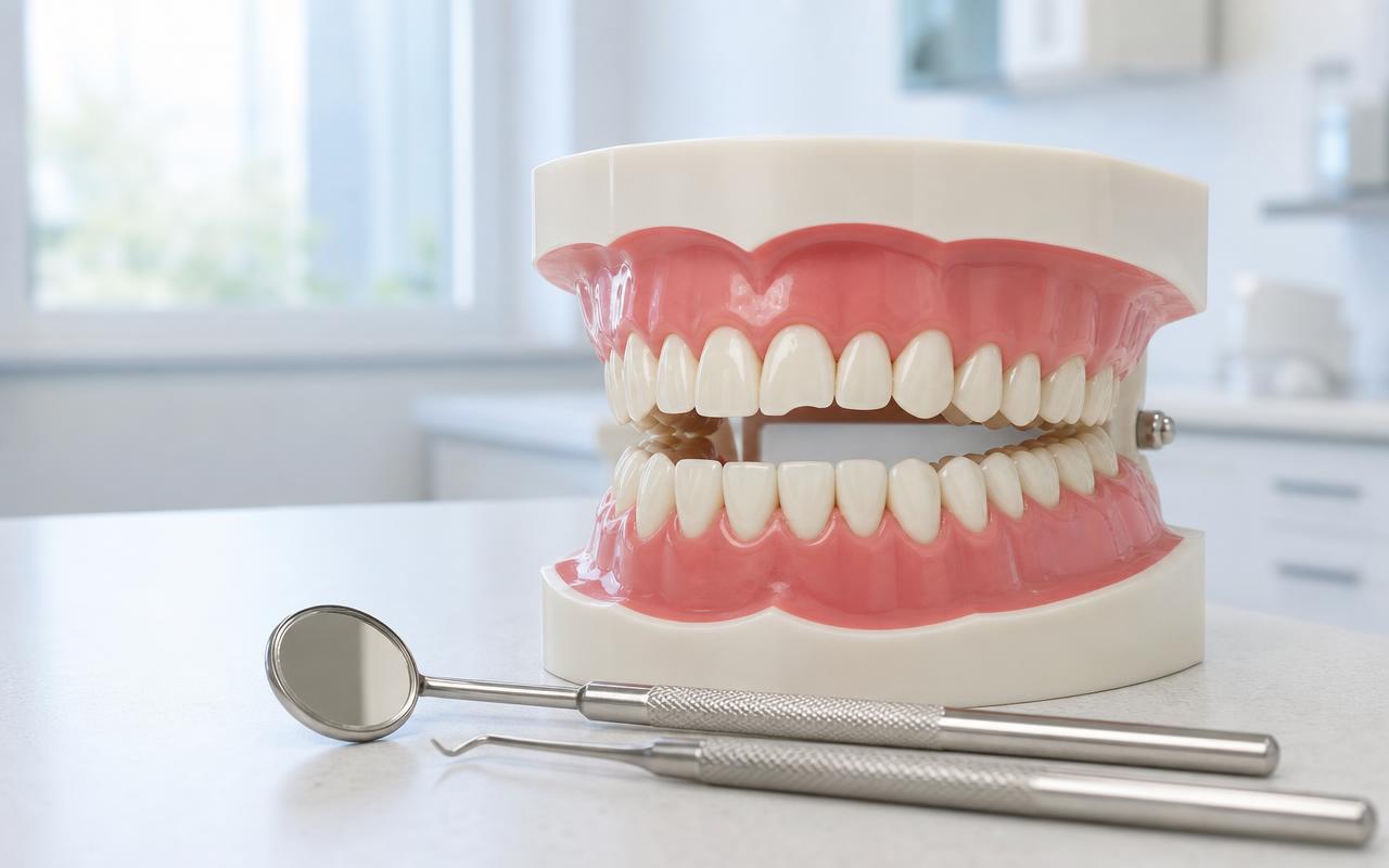 Modelo dental com pequena fratura em um dente ao lado de instrumentos odontológicos