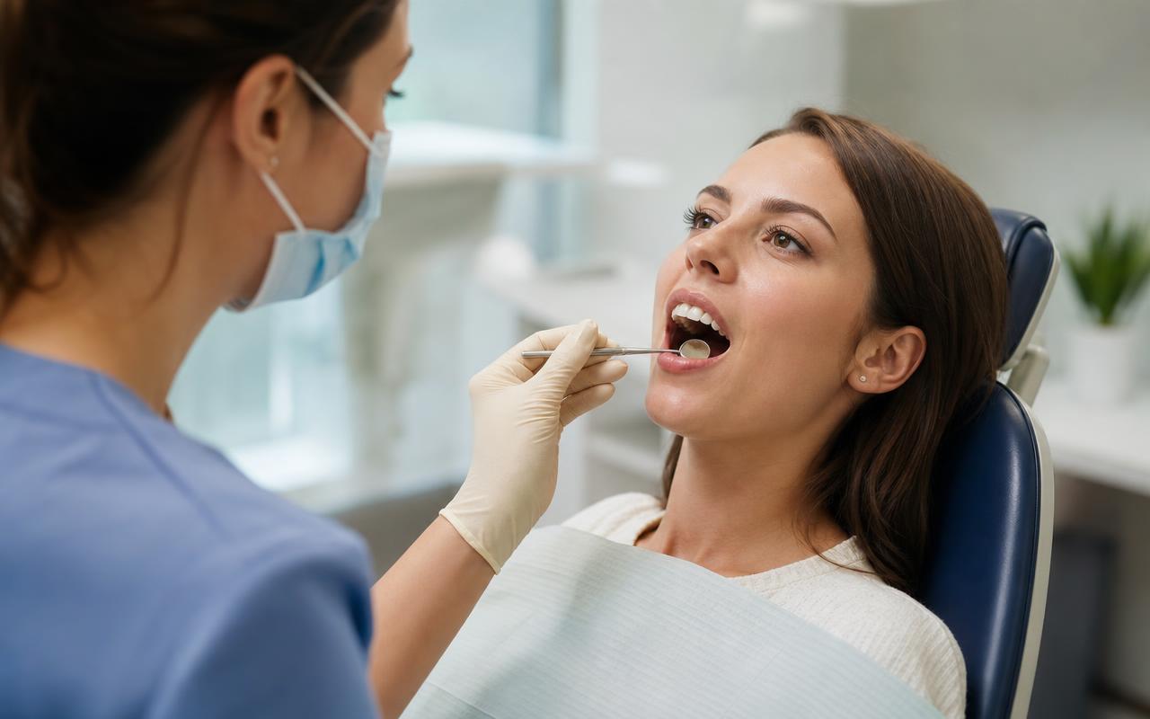 Dentista avaliando a gengiva de uma paciente durante consulta odontológica