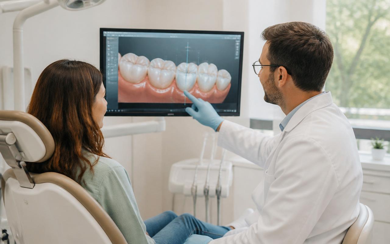 Dentista utilizando inteligência artificial para planejar tratamento odontológico em tela digital