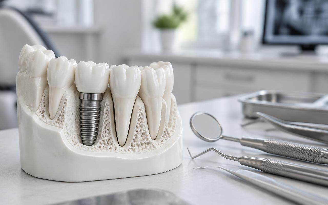 Modelo anatômico de arcada dentária com um implante de titânio posicionado no osso, ao lado de instrumentos odontológicos em uma clínica