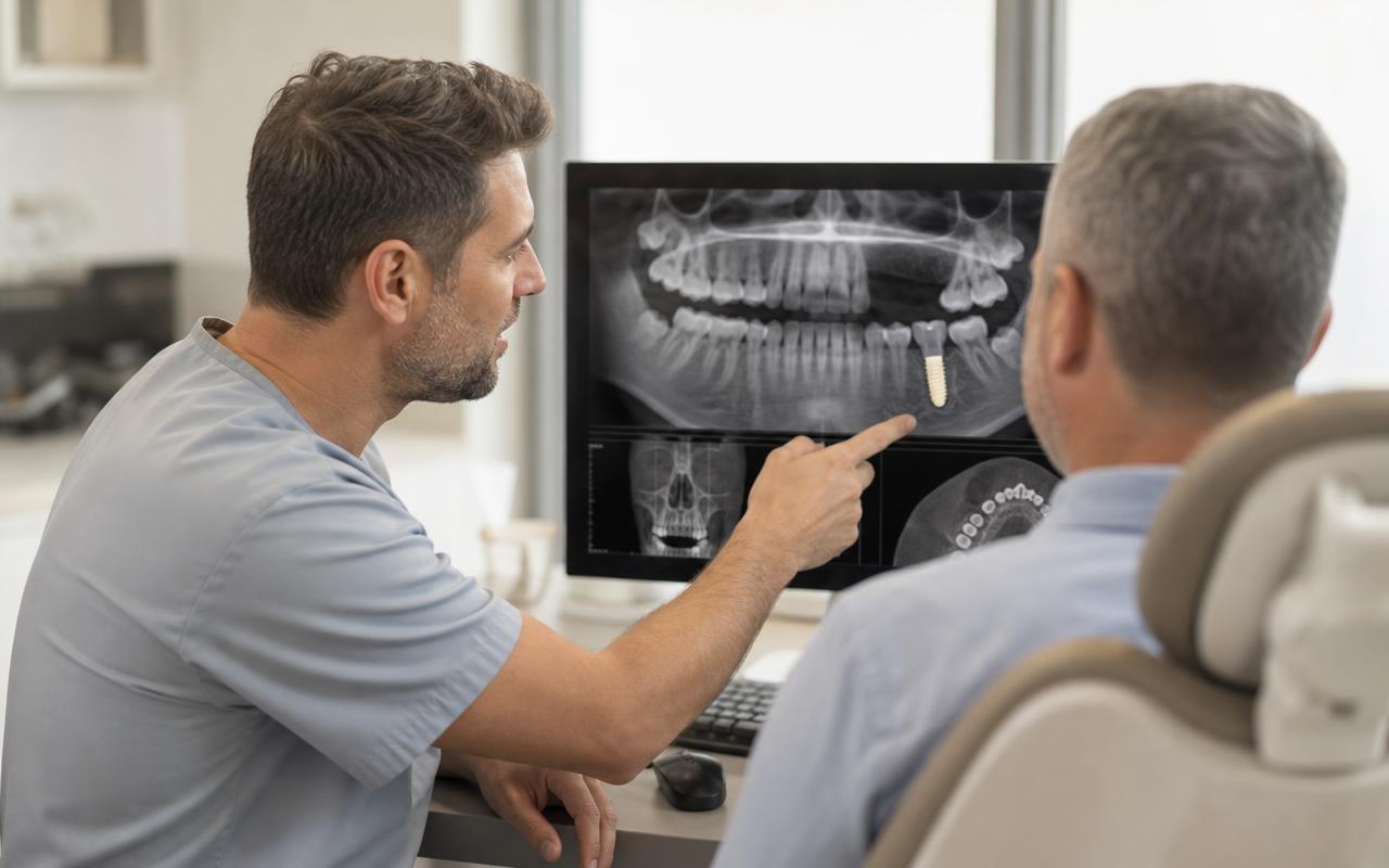 Dentista mostrando o planejamento de um implante em tomografia na tela para um paciente adulto em consultório moderno