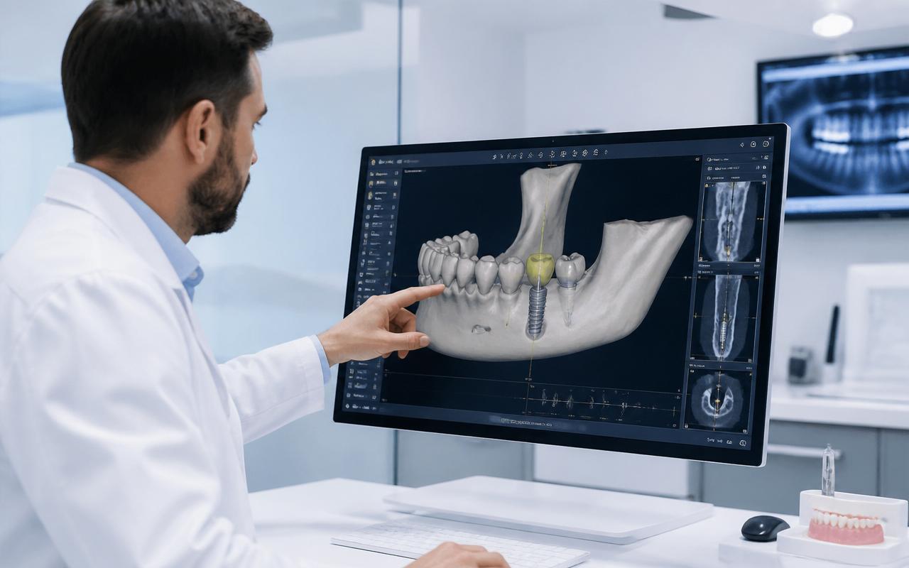 Dentista analisando planejamento digital de implante em tela 3D
