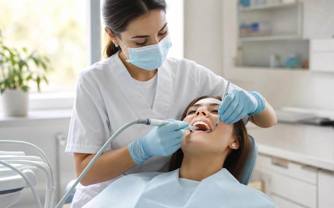 Dentista realizando limpeza profissional em paciente
