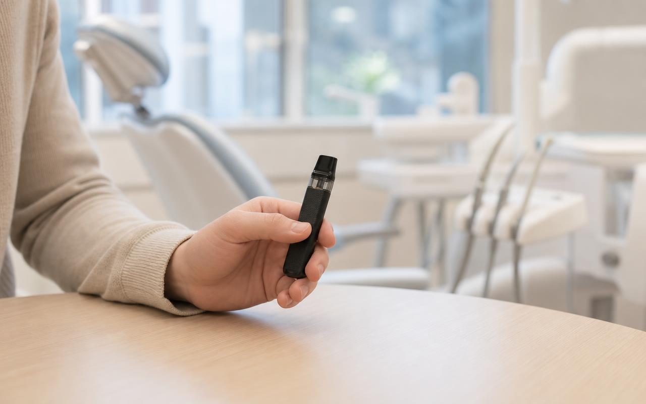 Pessoa segurando um cigarro eletrônico em ambiente de consultório odontológico